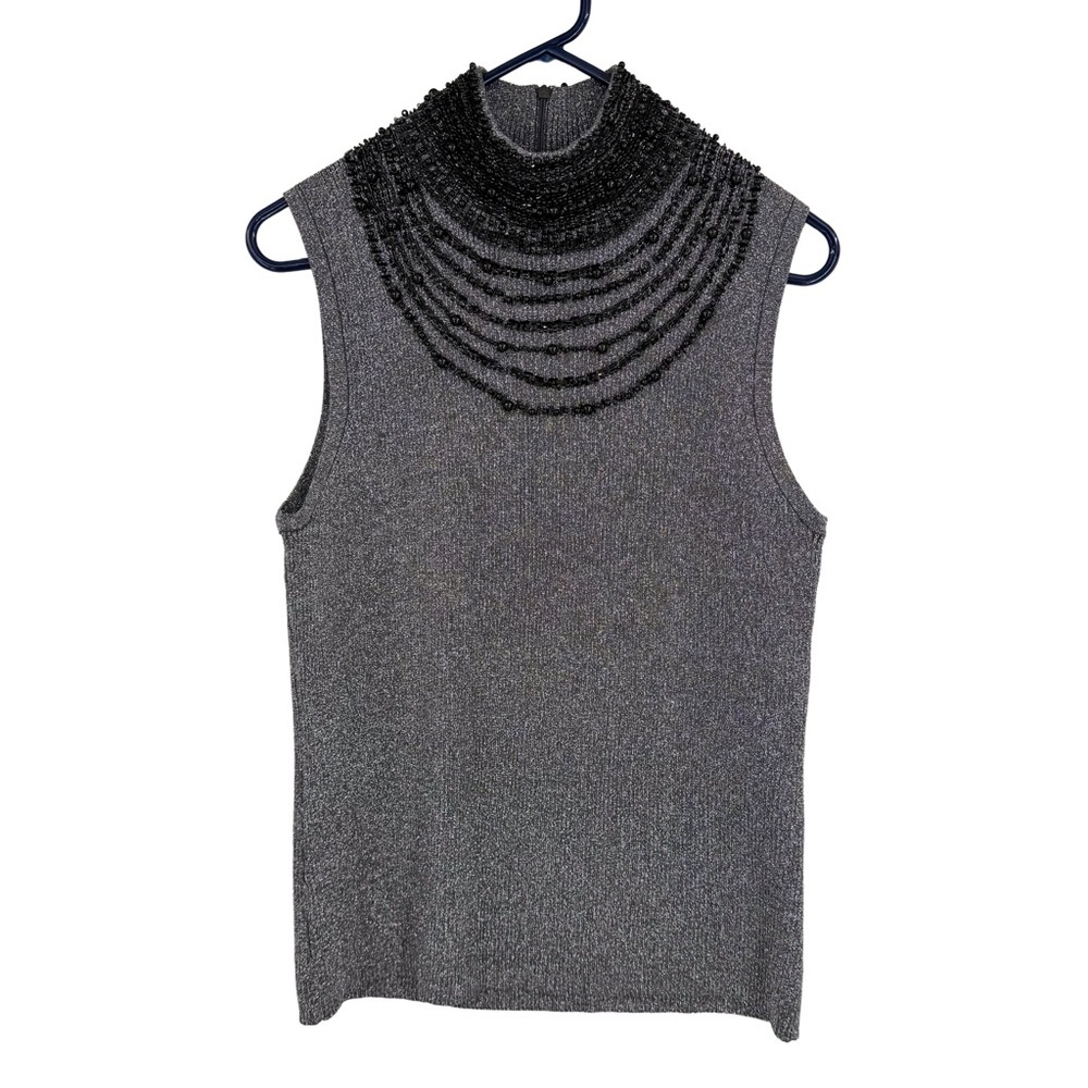 Evie Metallic Gray Silk Beaded Mock Neck Sleeveless Vintage Glam Office Tank